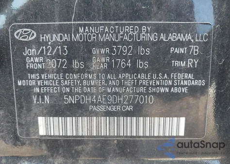 2013 Hyundai Elantra Limited из США, поврежденный, VIN 5NPDH4AE9DH277010